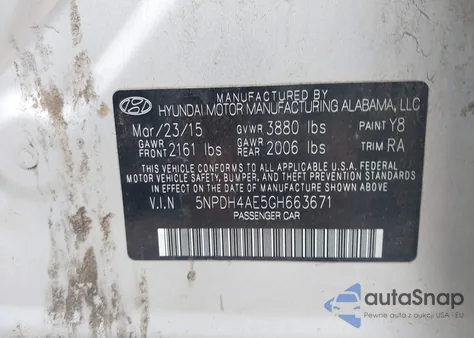 2016 Hyundai Elantra Se из США, поврежденный, VIN 5NPDH4AE5GH663671